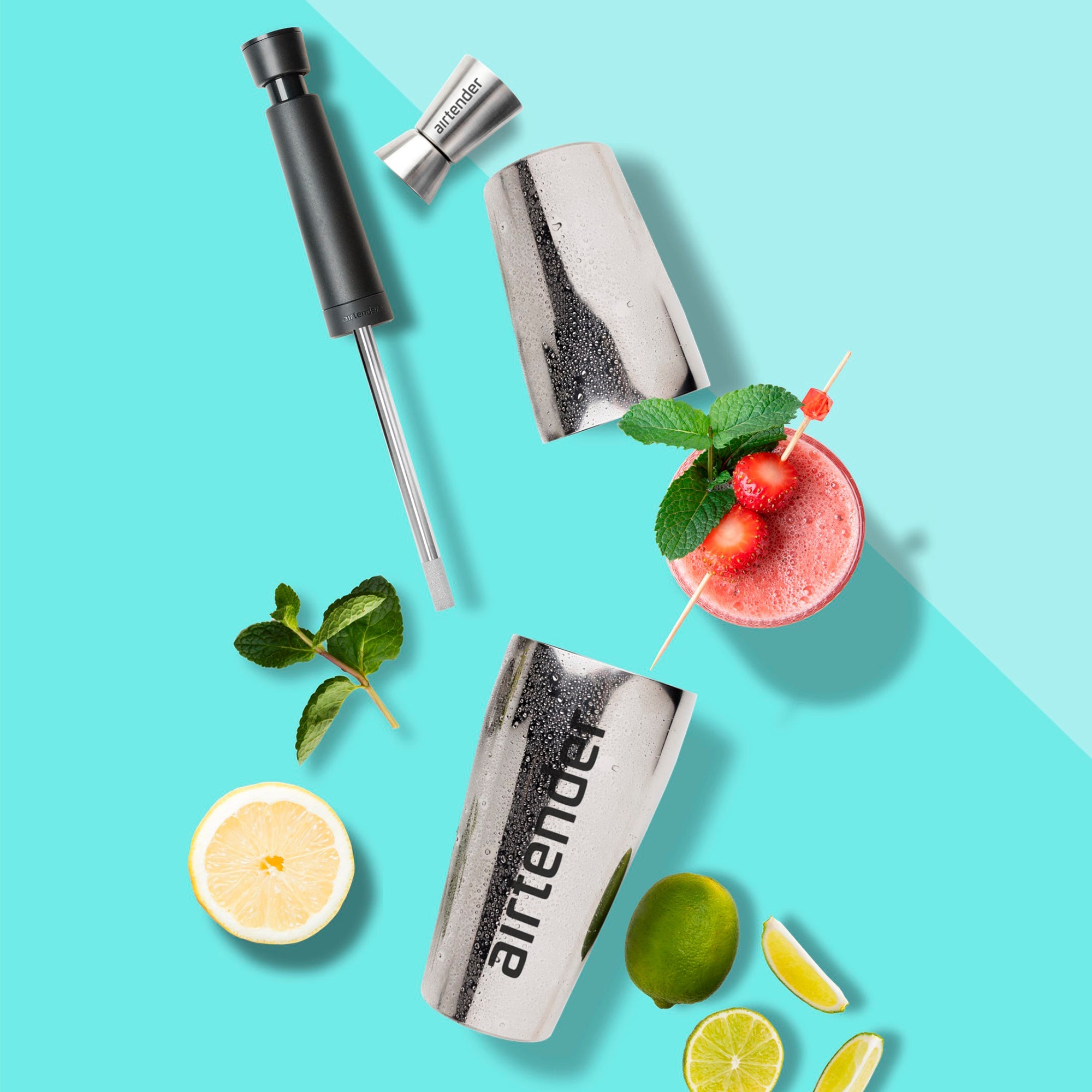 Airtender Cocktail Shaker PRO set tools and ingredients on a light blue background
