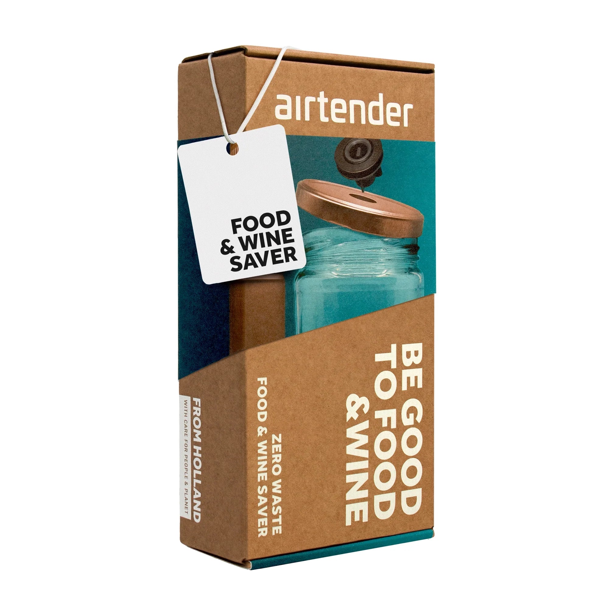 Airtender food and wine saver packaging on a white background