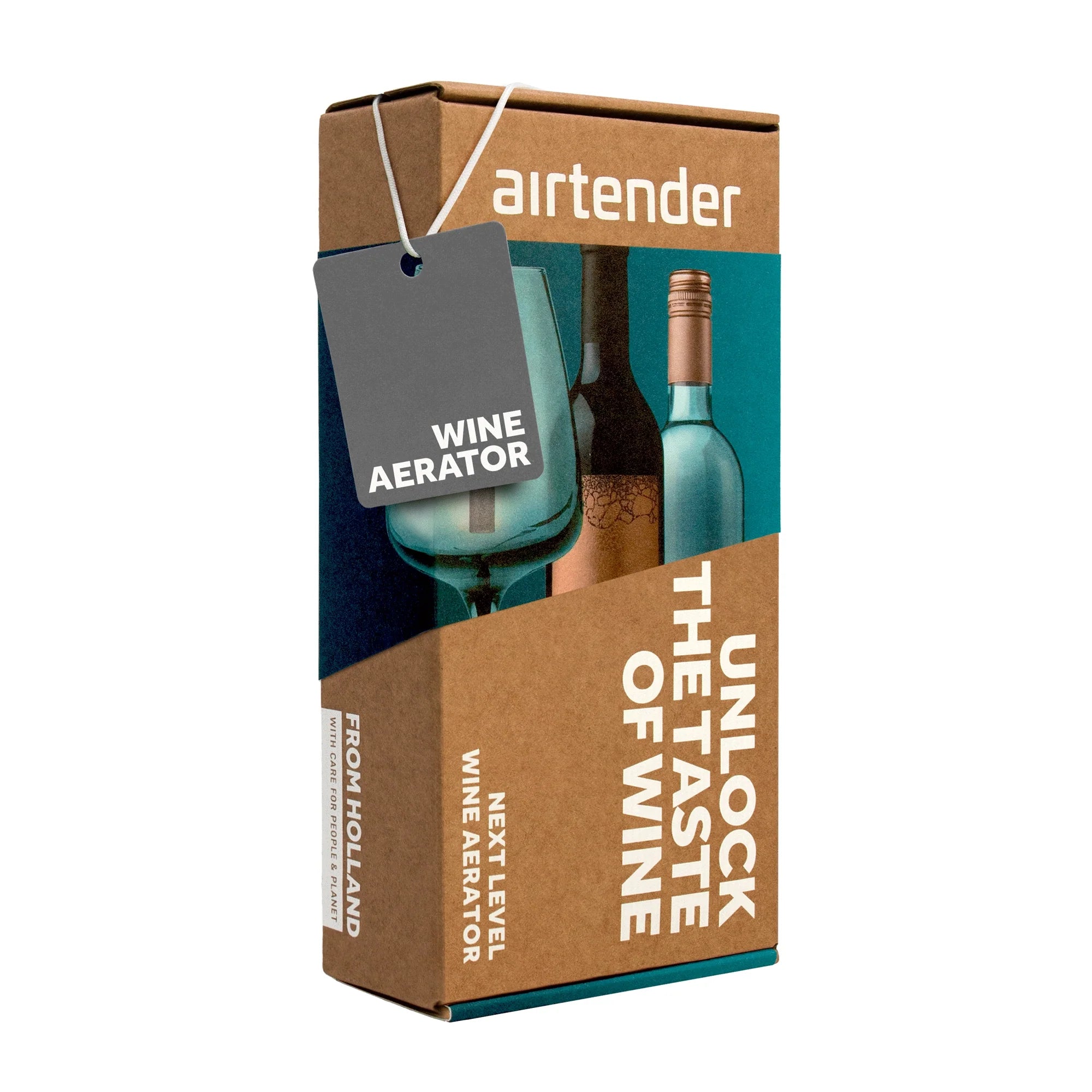 Airtender Wine Aerator Gift Box packaging with text and images of wine bottles on a white background