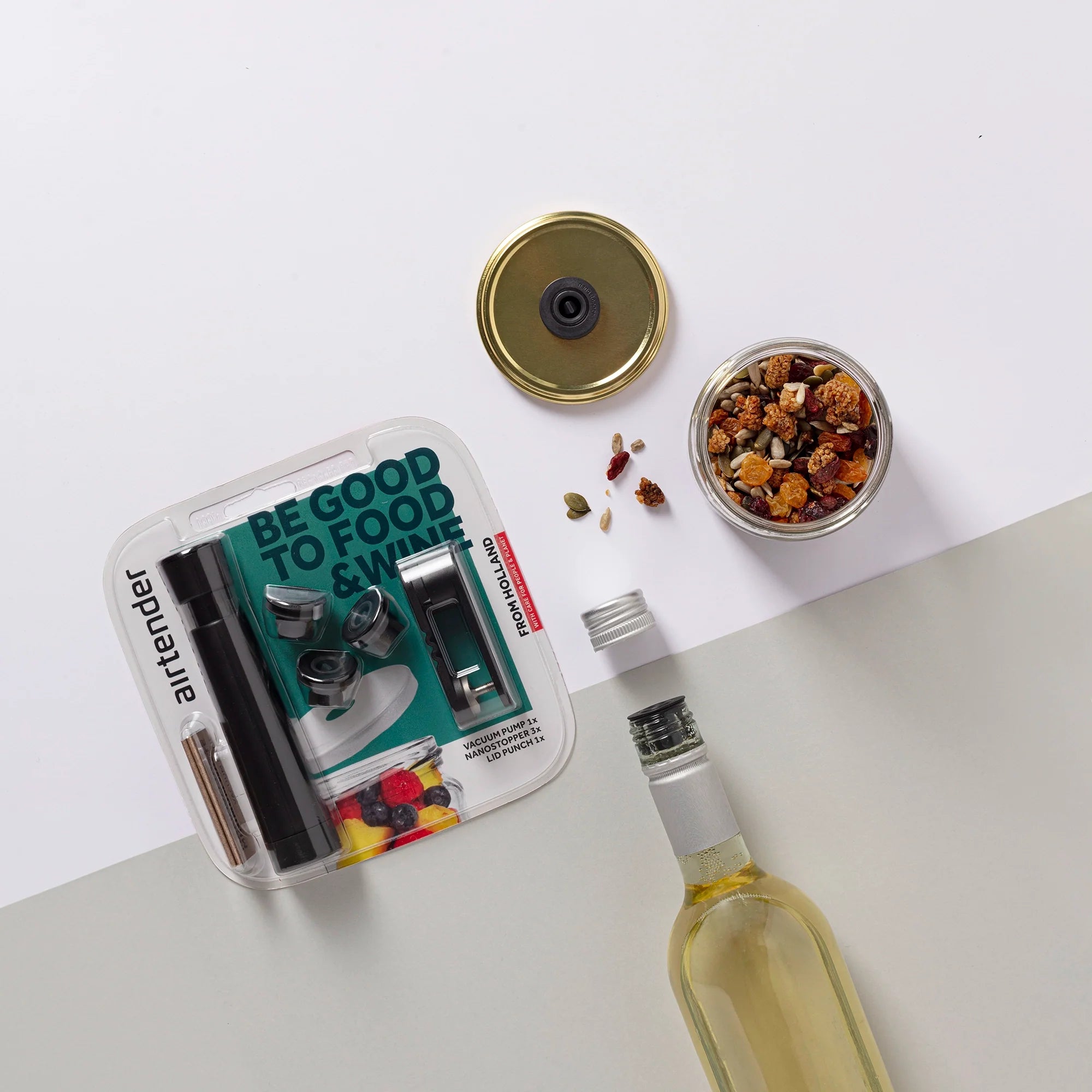The Airtender Food & Wine Blister Pack with a jar and lid that has been converted for vacuum storage on a light grey background.