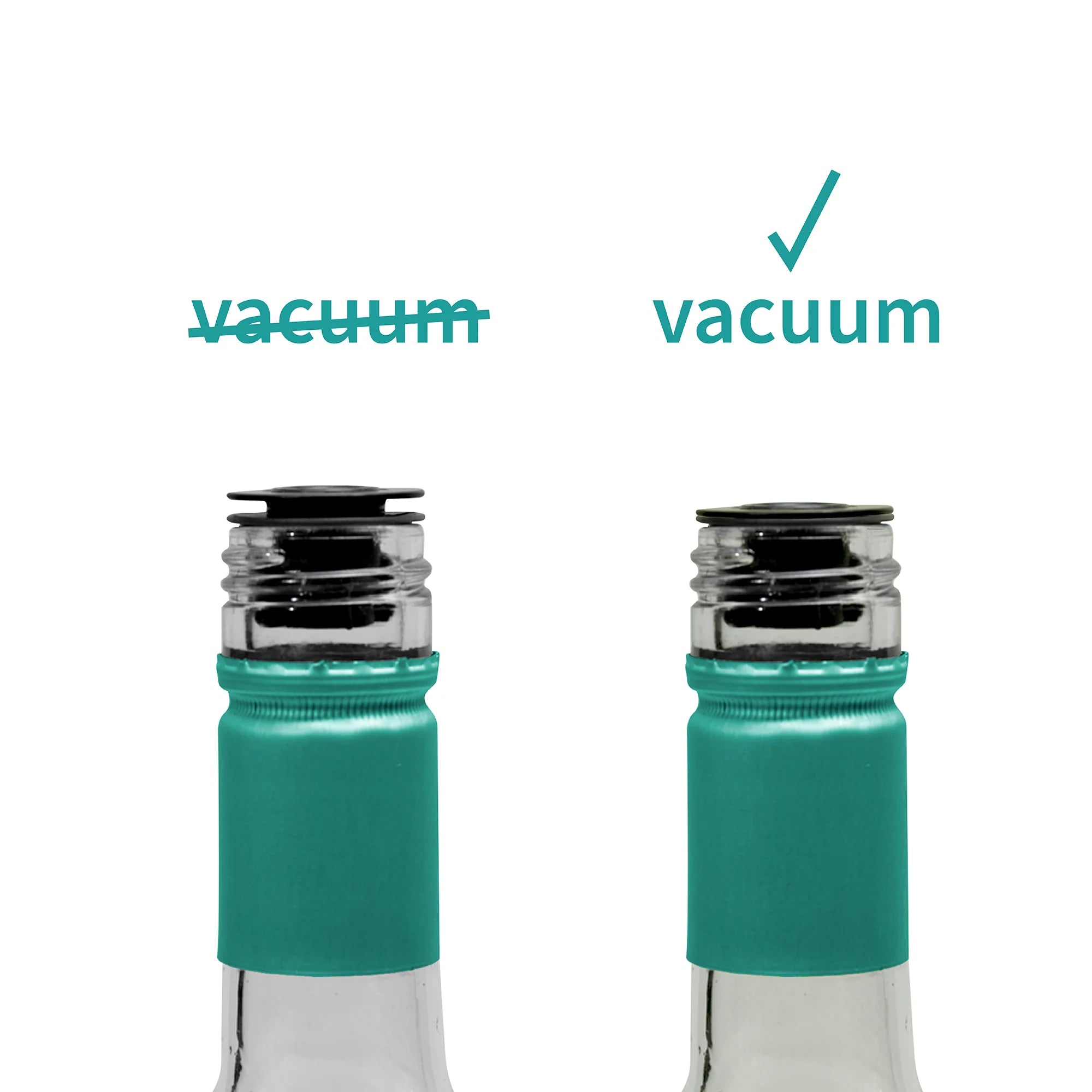 The Nanostopper vacuum indicator shown using two wine bottles with labels indicating 'vacuum' and "no vacuum" on a white background.
