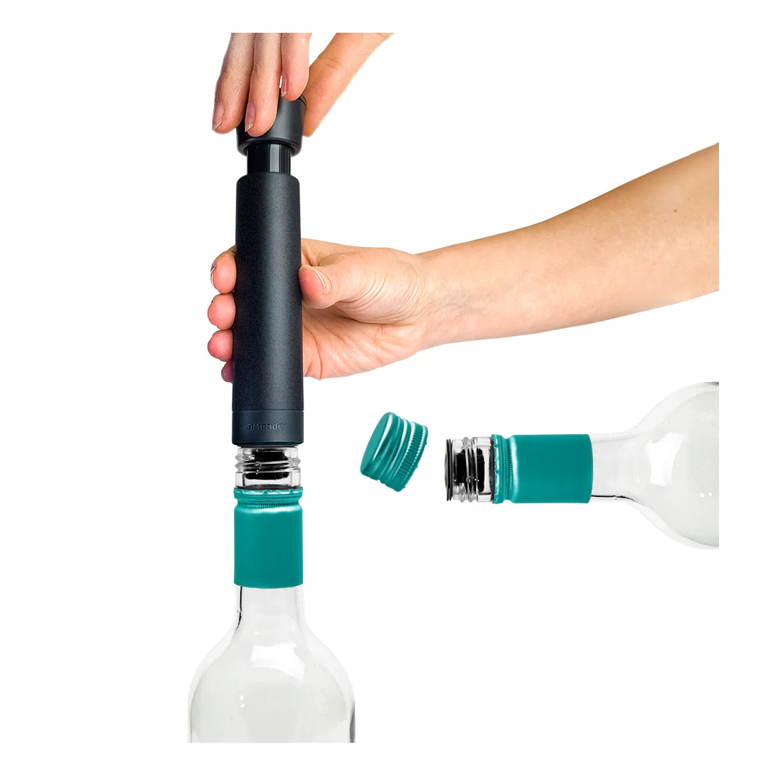 The category image for Airtender Wine Savers, with a Vacuum Pump and vacuum sealed wine bottle